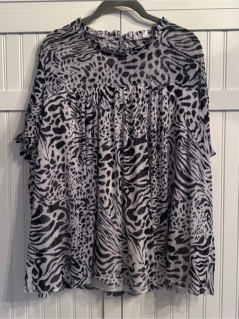 Jane and Delancey Black and White Animal Print Ruffle Yoke Blouse